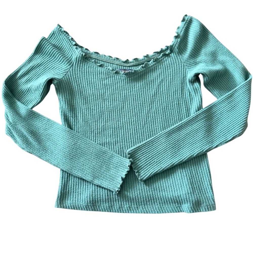 Abercrombie & Fitch Womens Off The Shoulder Ribbed Top Teal Green Lettuce Edge M - Picture 3 of 6